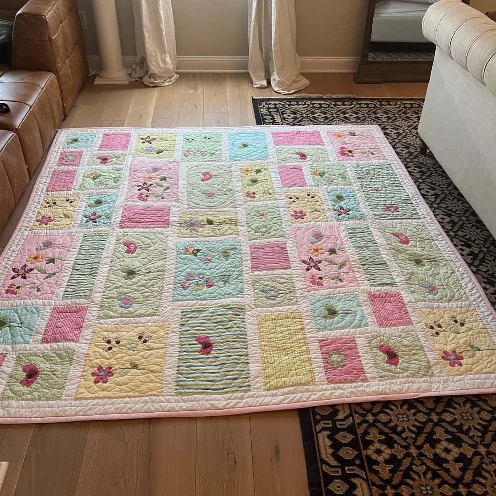 Pottery Barn vintage Kids embroidered Patchwork Quilt daisy garden birds floral - Picture 1 of 11
